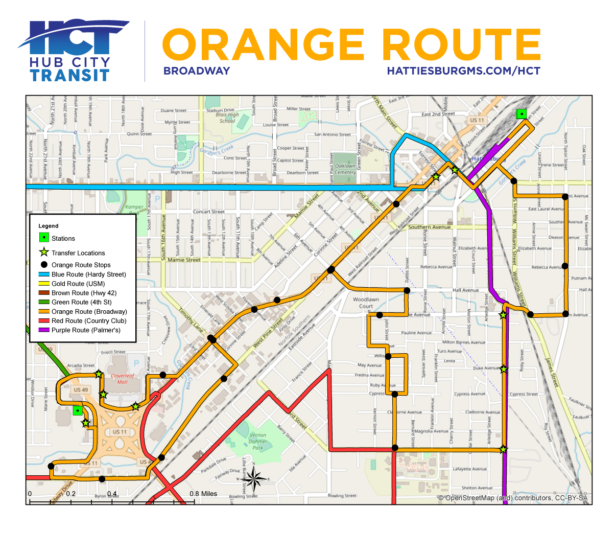 Orange Route map showing the route path and stops